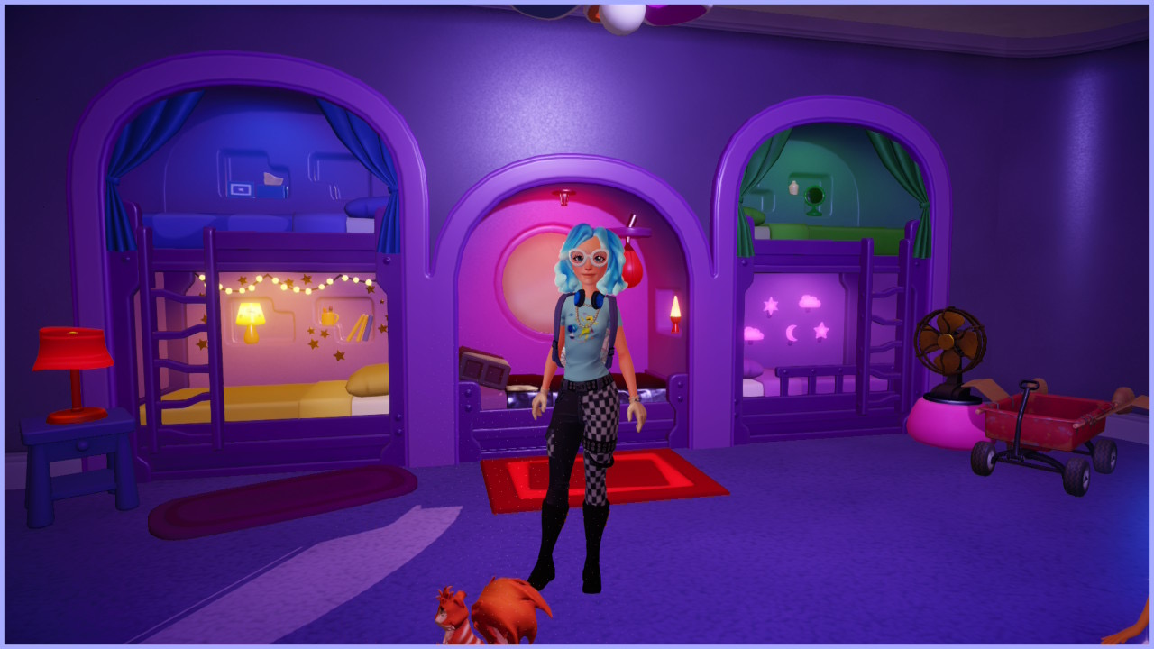 Cozy bedroom setup in Disney Dreamlight Valley with purple and pink magical lighting and whimsical decor
