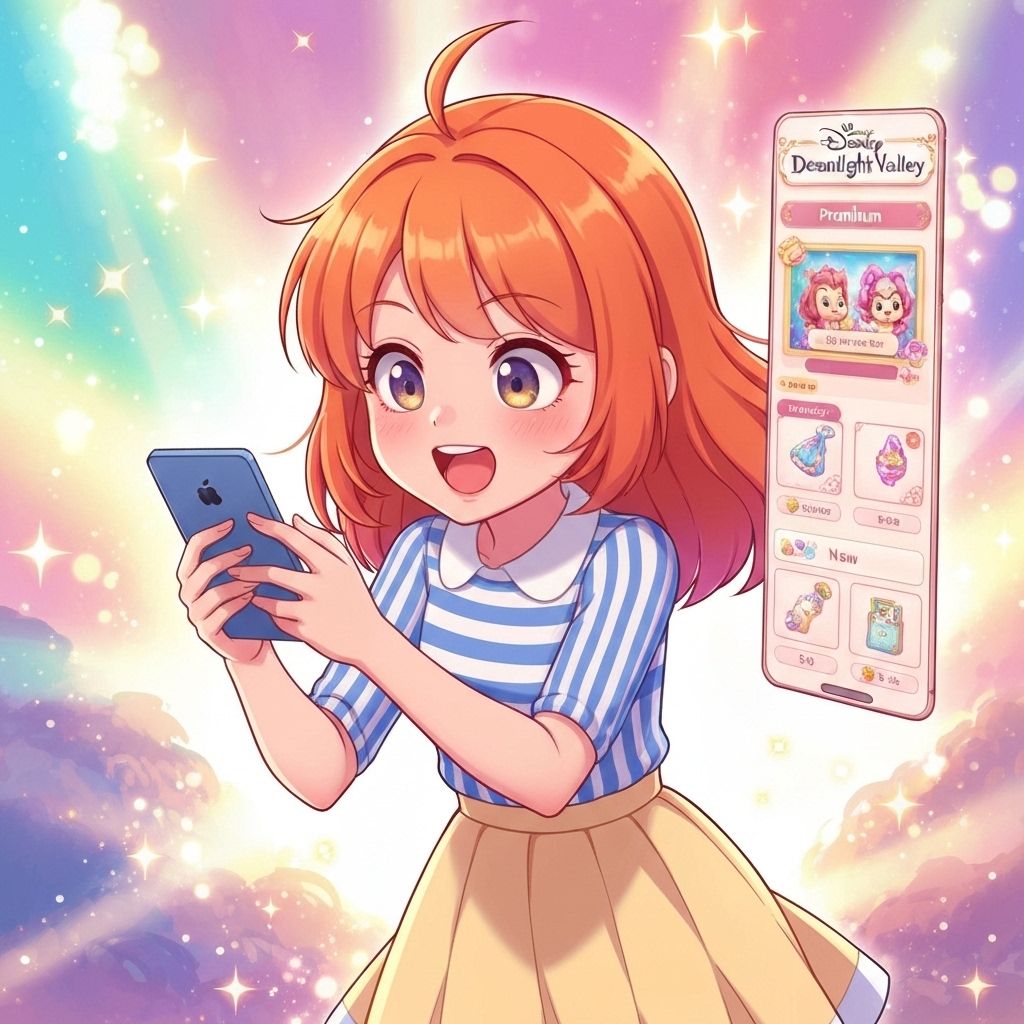 Audrey excitedly checking the Dreamlight Valley premium shop with sparkles around new items