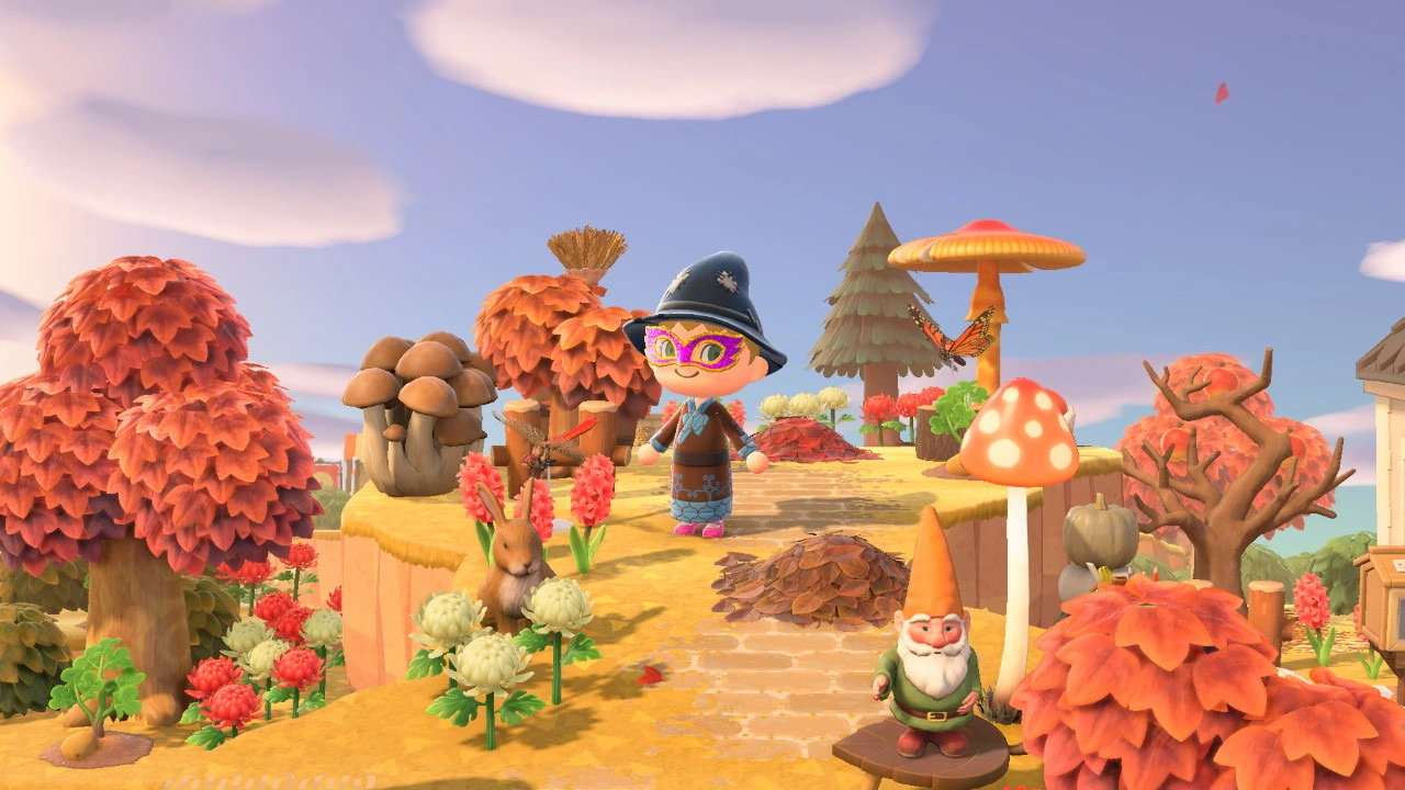 Animal Crossing autumn scene with witch hat character and fall decorations