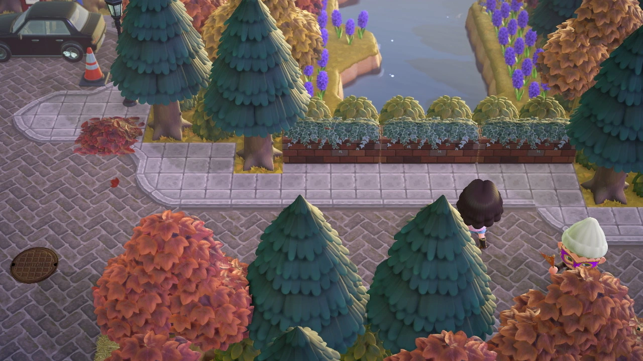 Animal Crossing aerial view of autumn island with colorful trees