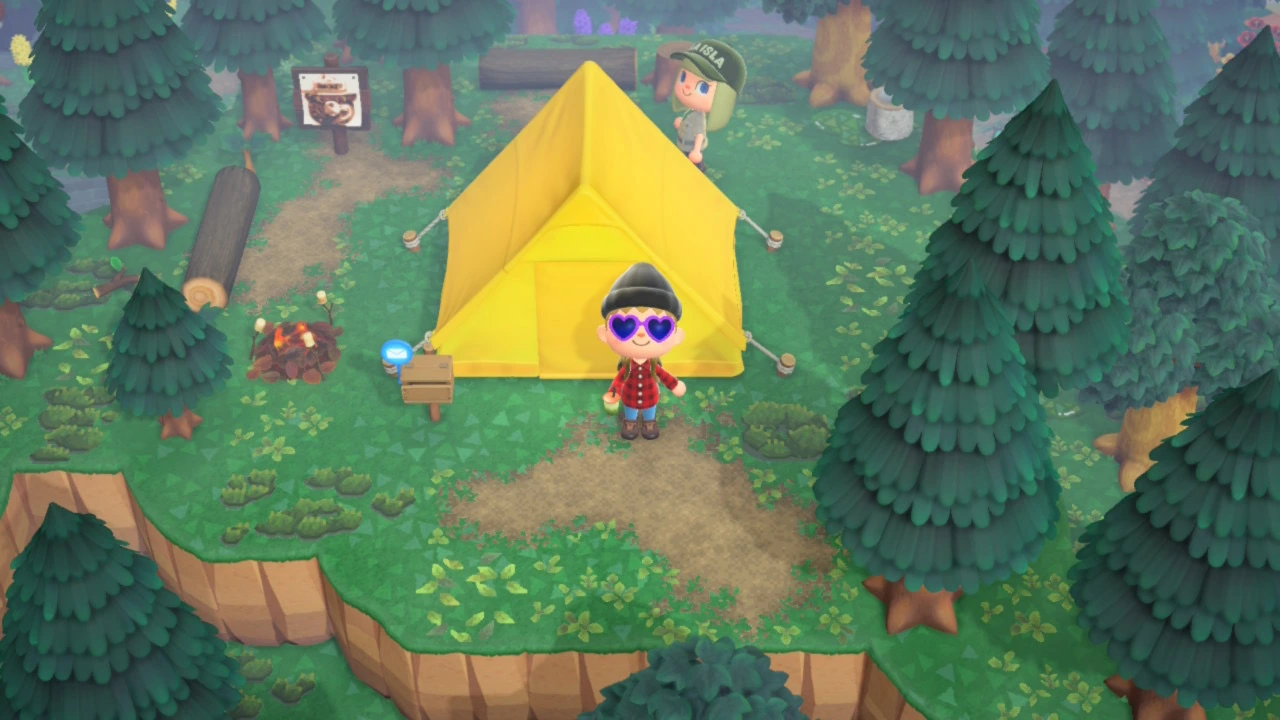 Cozy camping area with yellow tent, character in purple sunglasses and red outfit, surrounded by trees and camping equipment