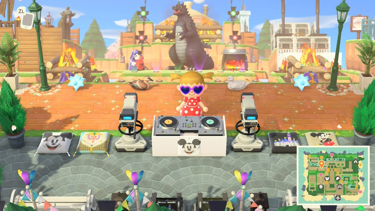 Festival stage area with DJ setup, character in red polka dot dress, and elaborate backdrop with decorative lighting