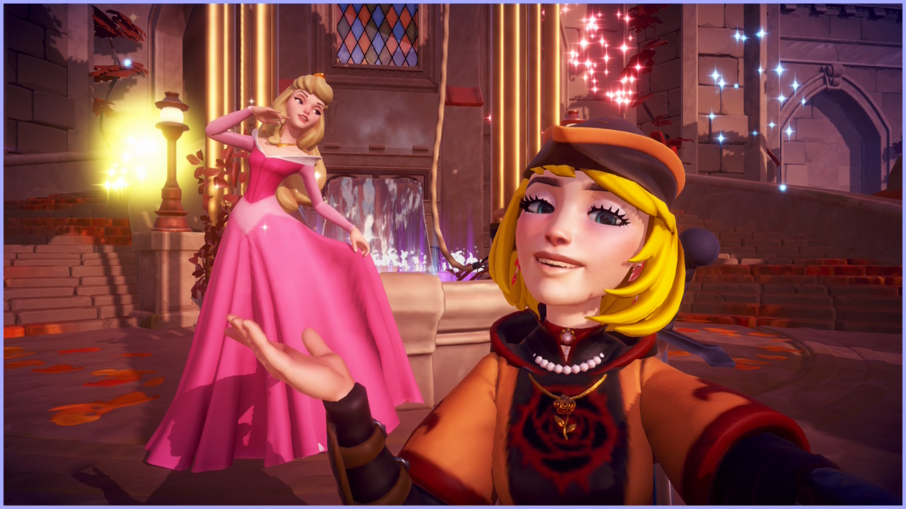 Character with Princess Aurora in castle throne room in Dreamlight Valley