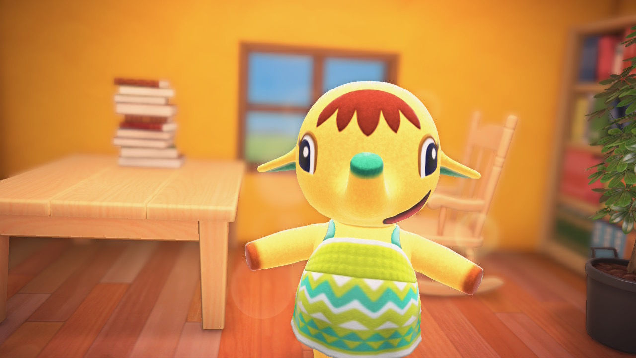 Plucky villager in warm-lit home in Animal Crossing
