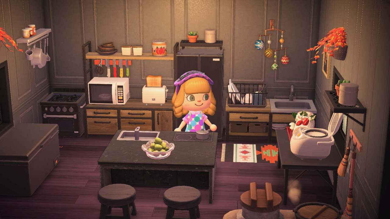 Cozy Animal Crossing kitchen interior with character cooking
