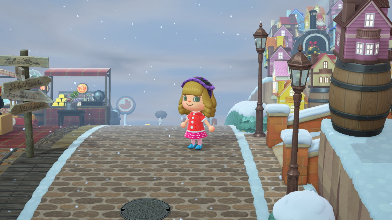 Animal Crossing character on snowy pier with holiday lights