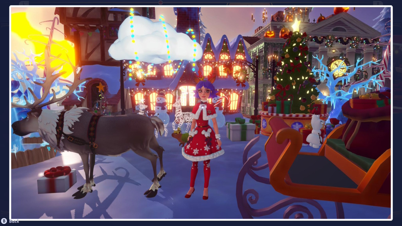 Festive character with Sven and Santa's sleigh in Dreamlight Valley