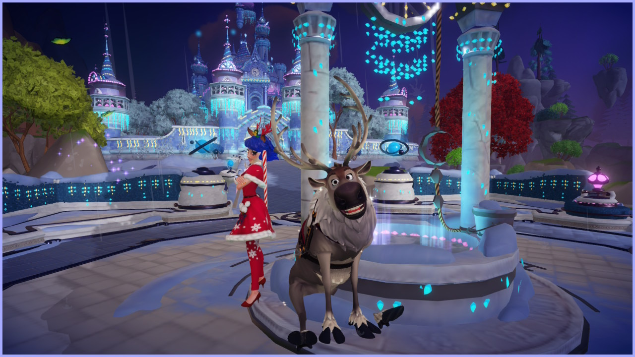 Player avatar with Sven the reindeer in front of the illuminated castle at night, both in festive winter attire