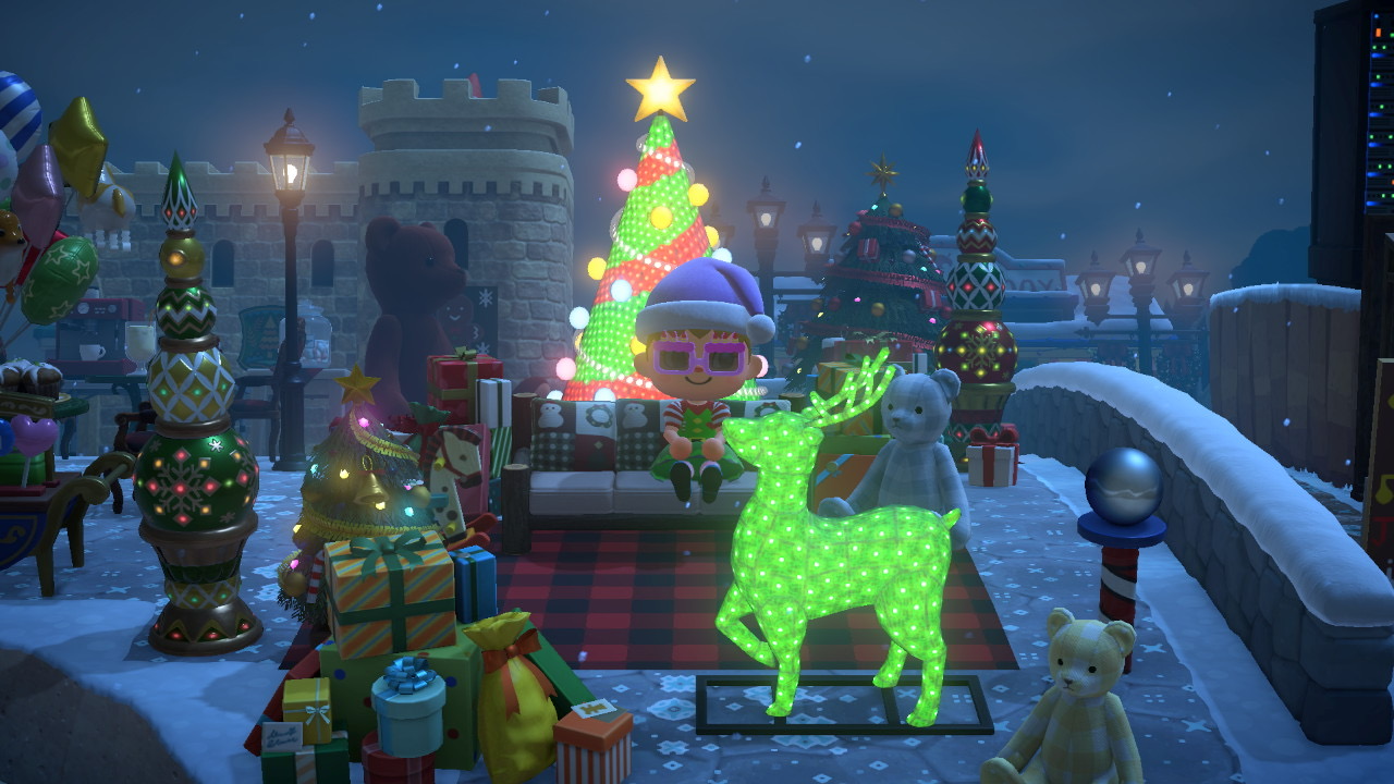 Riding a glowing llama decoration in Animal Crossing holiday plaza