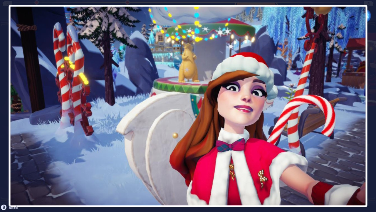 Character holding candy cane in winter wonderland