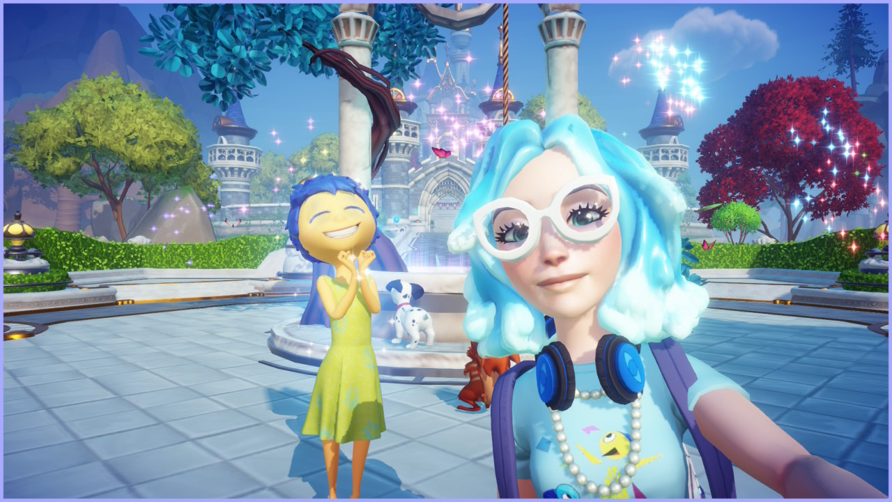 Meeting Joy in Disney Dreamlight Valley plaza with the character wearing blue hair and glasses, Joy visible in her yellow dress in the background