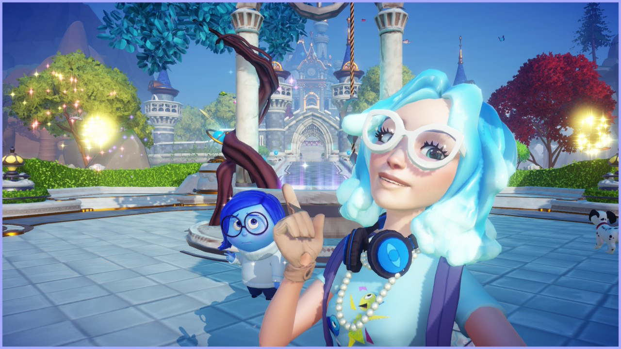 Interacting with Sadness in Disney Dreamlight Valley plaza, showing the blue character from Inside Out with the player character making a peace sign